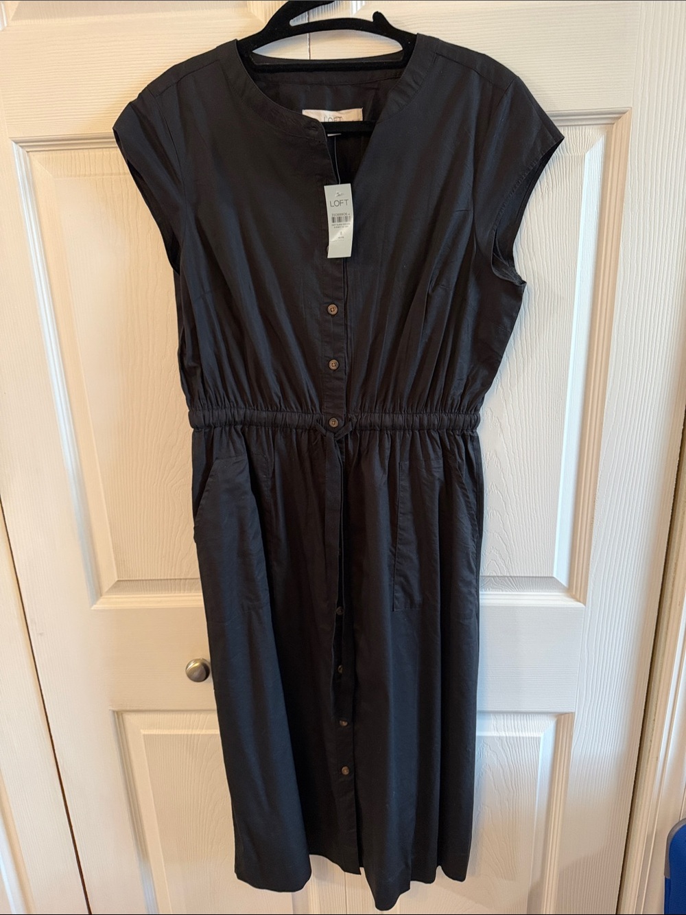 LOFT Black Button-Front Cap Sleeve Midi Dress with Elastic Waist